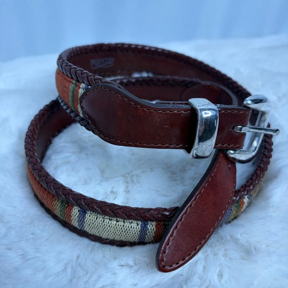 Brighton Mens 38 Braided Leather Striped Fabric Belt Brown Silver Buckle 67506